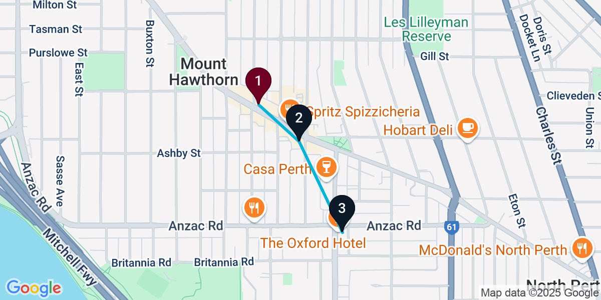 Map for 3-Stop Mount Hawthorn Pub Bar Crawl