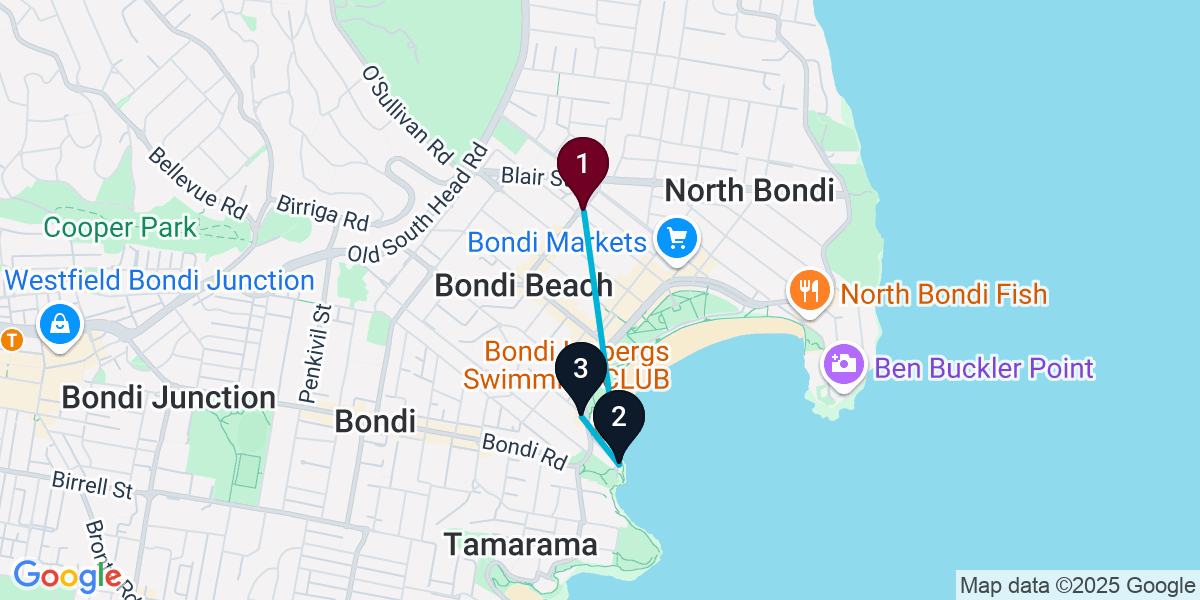 Map for 3-Stop Bondi Beach Rooftop Bar Crawl