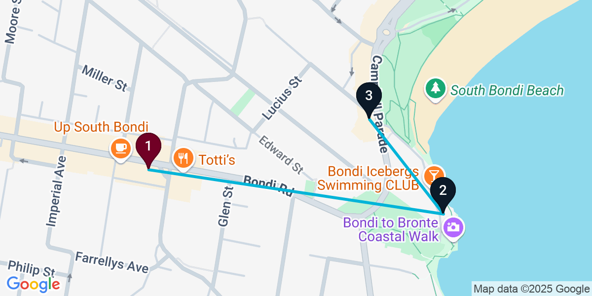 Map for 3-Stop Bondi Rooftop Bar Crawl