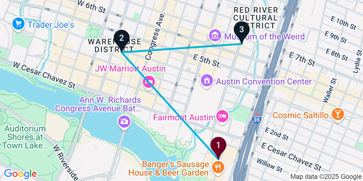 Map for 3-Stop Austin Nightclub Bar Crawl