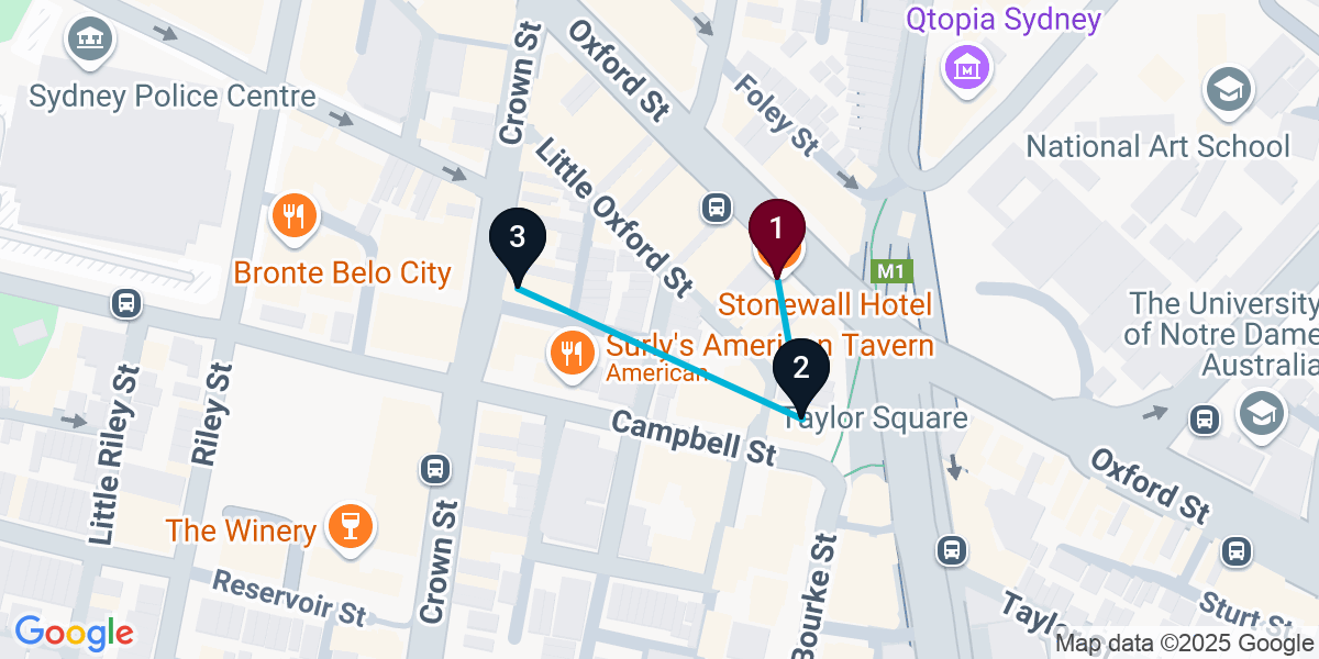 Map for 3-Stop Darlinghurst Live music Bar Crawl