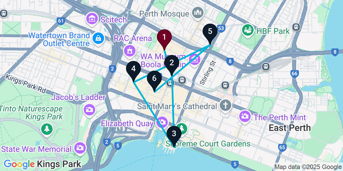 Map for 6-Stop Northbridge Cocktail Bar Crawl