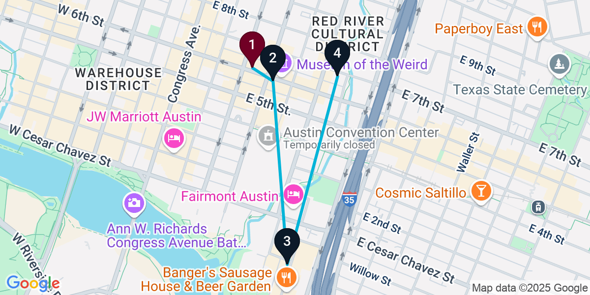 Map for 4-Stop Austin Cocktail Bar Crawl