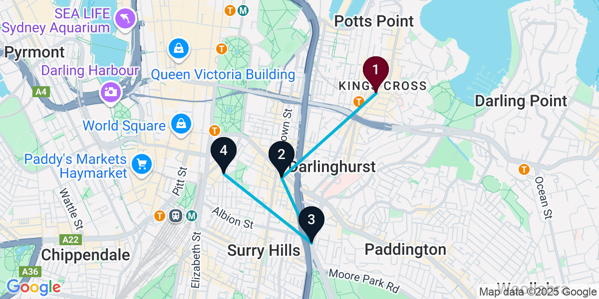 Map for 4-Stop Potts Point Brewery Bar Crawl