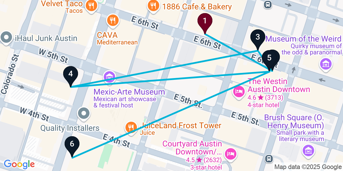 Map for 6-Stop Austin Live music Bar Crawl