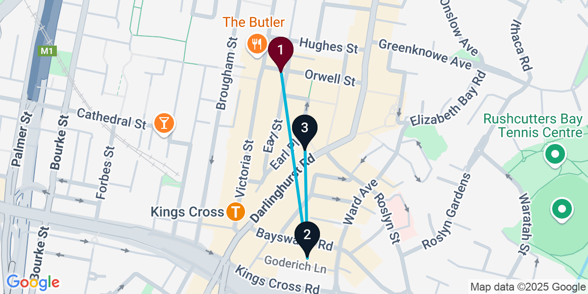 Map for 3-Stop Potts Point Rooftop Bar Crawl