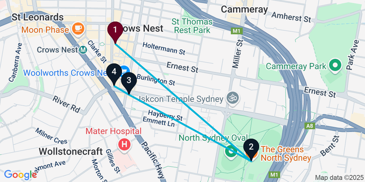 Map for 4-Stop Crows Nest Pub Bar Crawl
