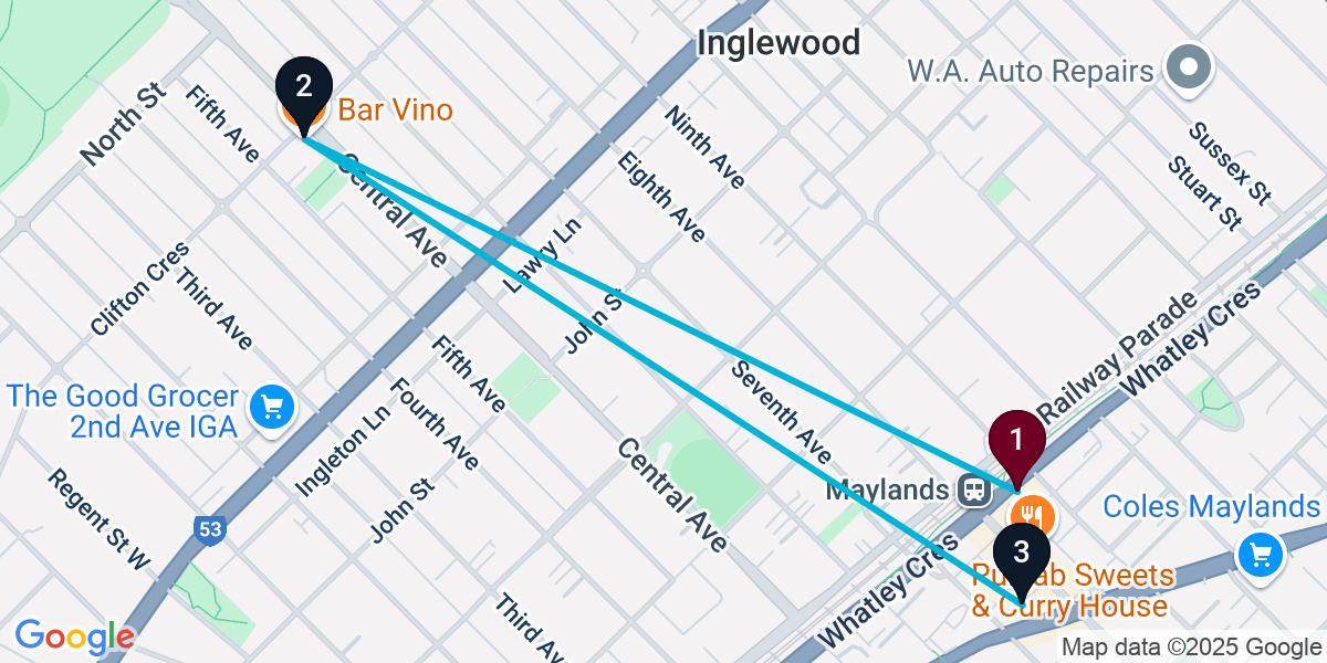 Map for 3-Stop Maylands Bar Crawl