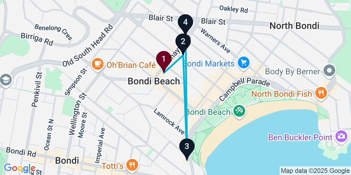Map for 4-Stop Bondi Beach Beach bar Bar Crawl