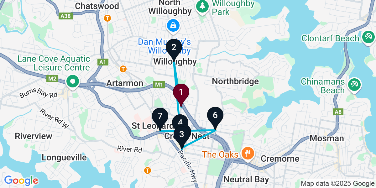 Map for 7-Stop Naremburn Bar Crawl