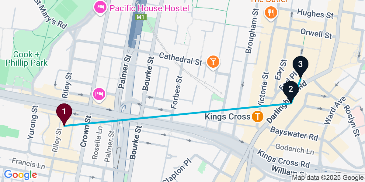 Map for 3-Stop Darlinghurst Nightclub Bar Crawl