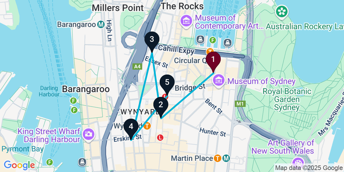 Map for 5-Stop Sydney Pub Bar Crawl