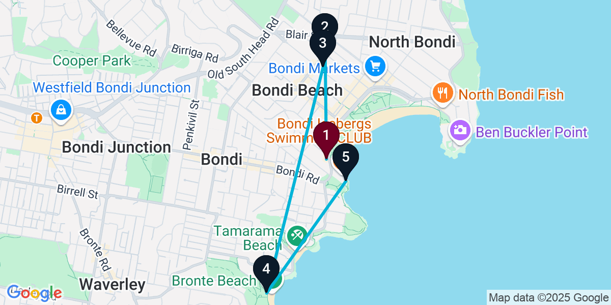 Map for 5-Stop Bondi Beach Beach bar Bar Crawl