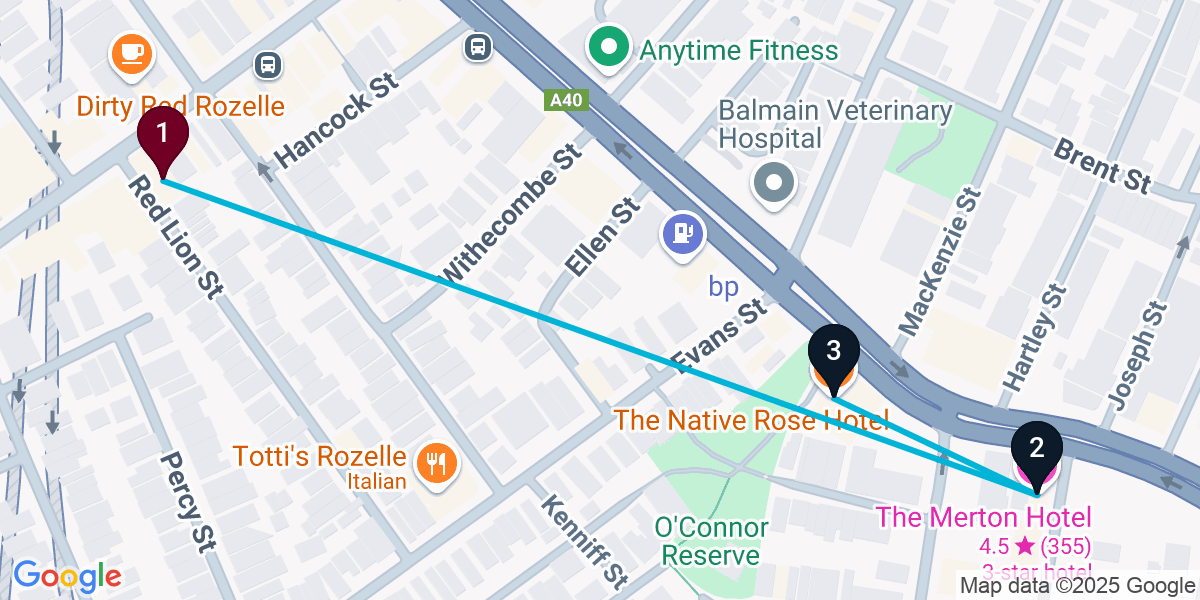 Map for 3-Stop Rozelle Pub Bar Crawl