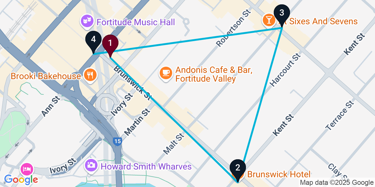 Map for 4-Stop Fortitude Valley Pub Crawl