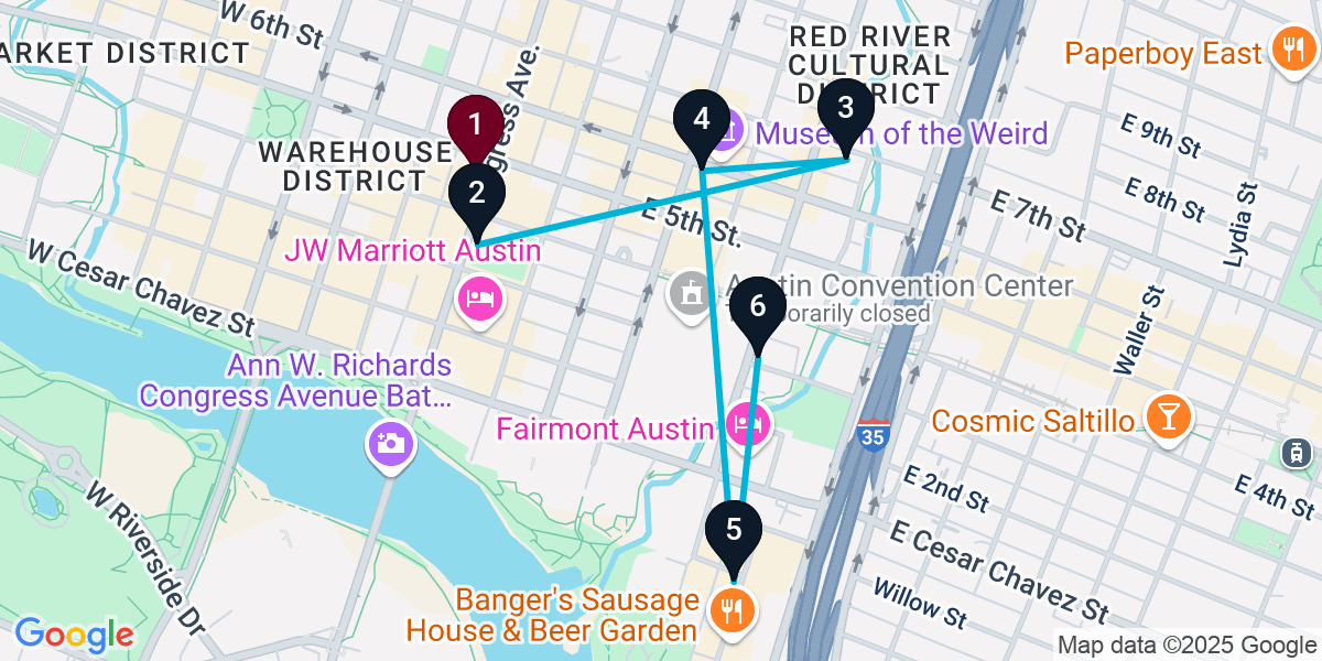 Map for 6-Stop Austin Cocktail Bar Crawl