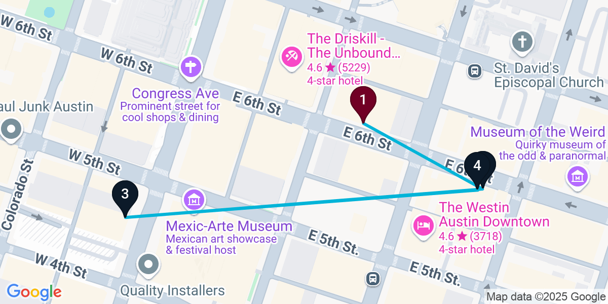 Map for 4-Stop Austin Live music Bar Crawl