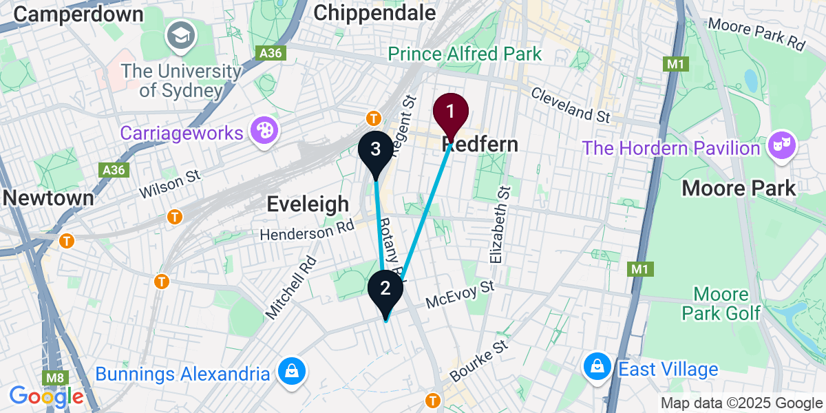 Map for 3-Stop Redfern Brewery Bar Crawl