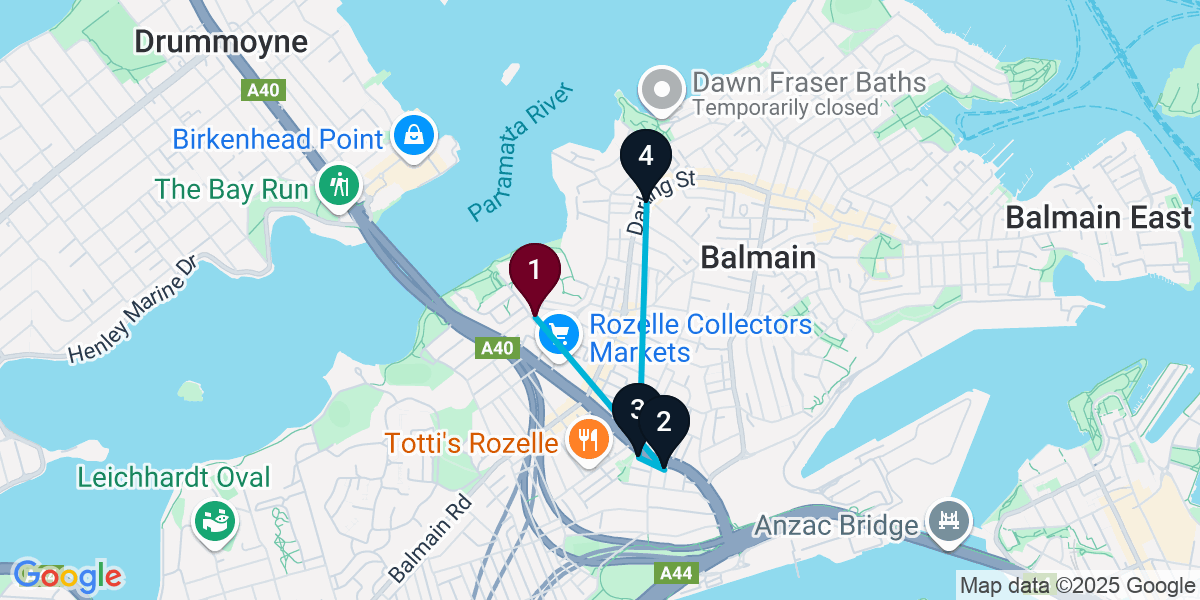 Map for 4-Stop Rozelle Pub Bar Crawl