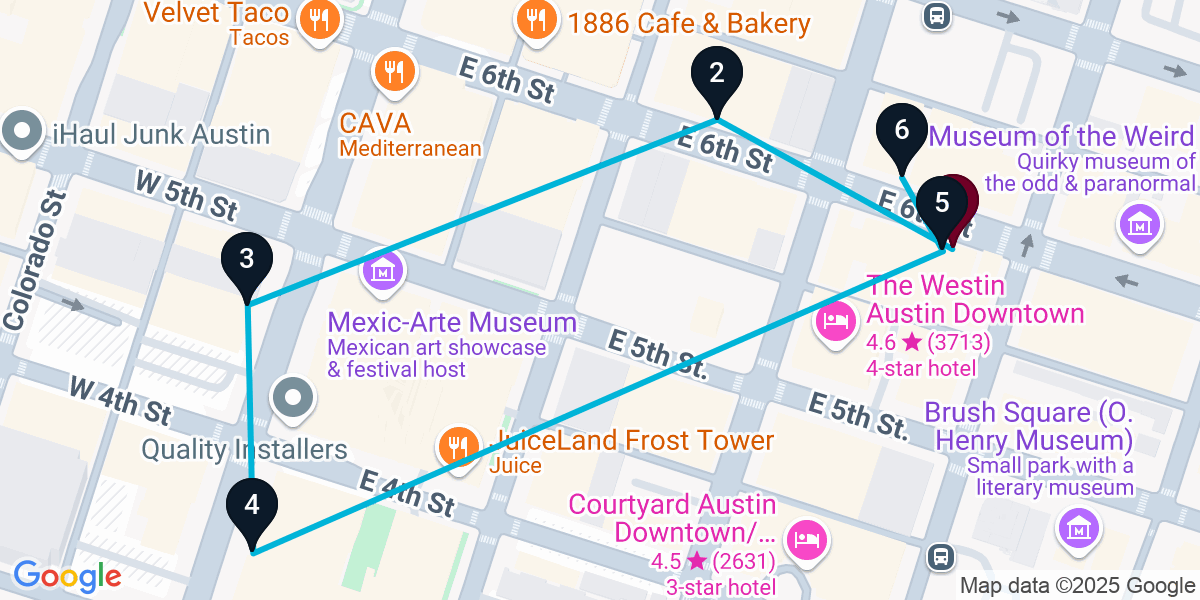 Map for 6-Stop Austin Live music Bar Crawl