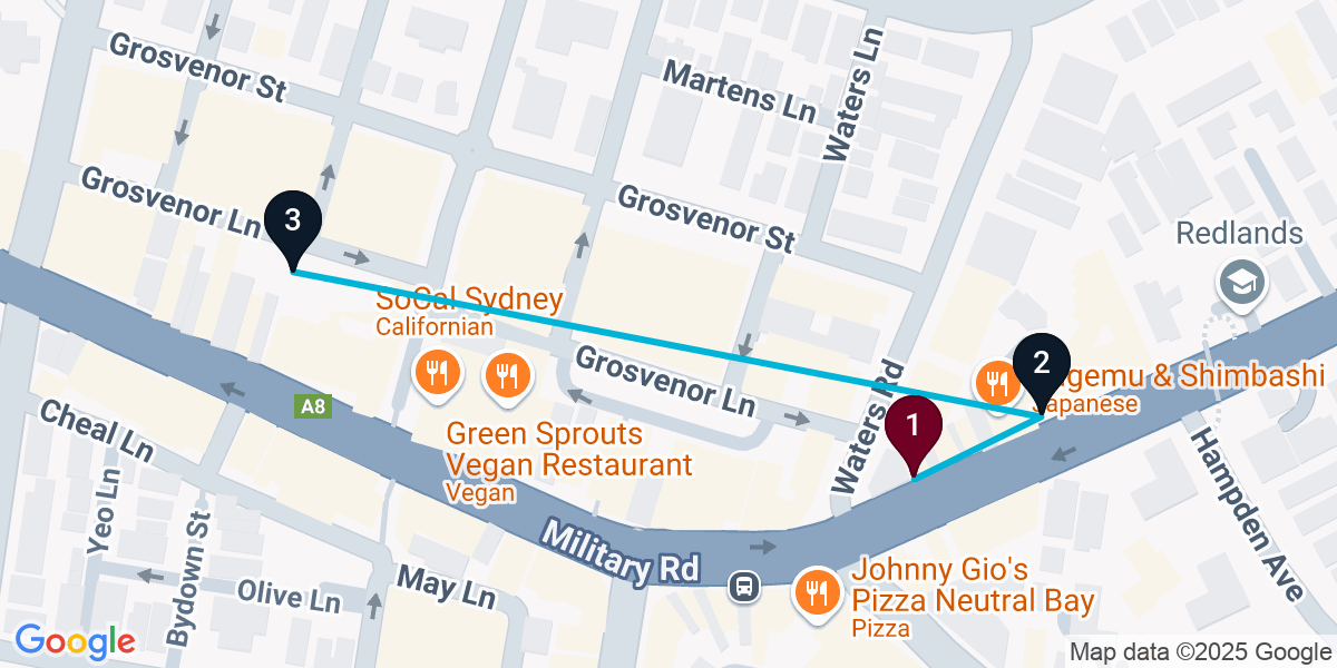 Map for 3-Stop Neutral Bay Live music Bar Crawl