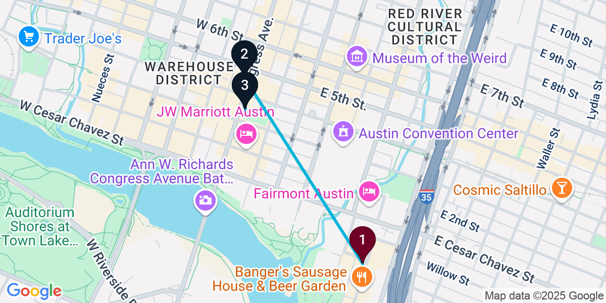 Map for 3-Stop Austin Cocktail Bar Crawl