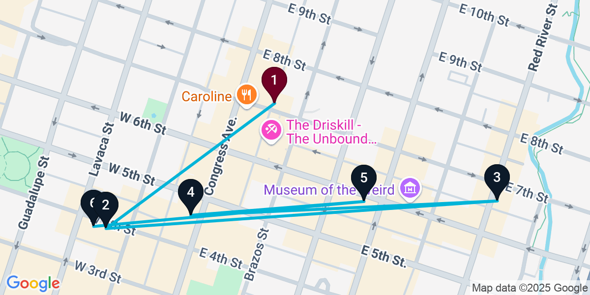 Map for 6-Stop Austin Nightclub Bar Crawl