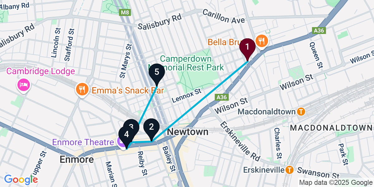 Map for 5-Stop Newtown Bar Crawl
