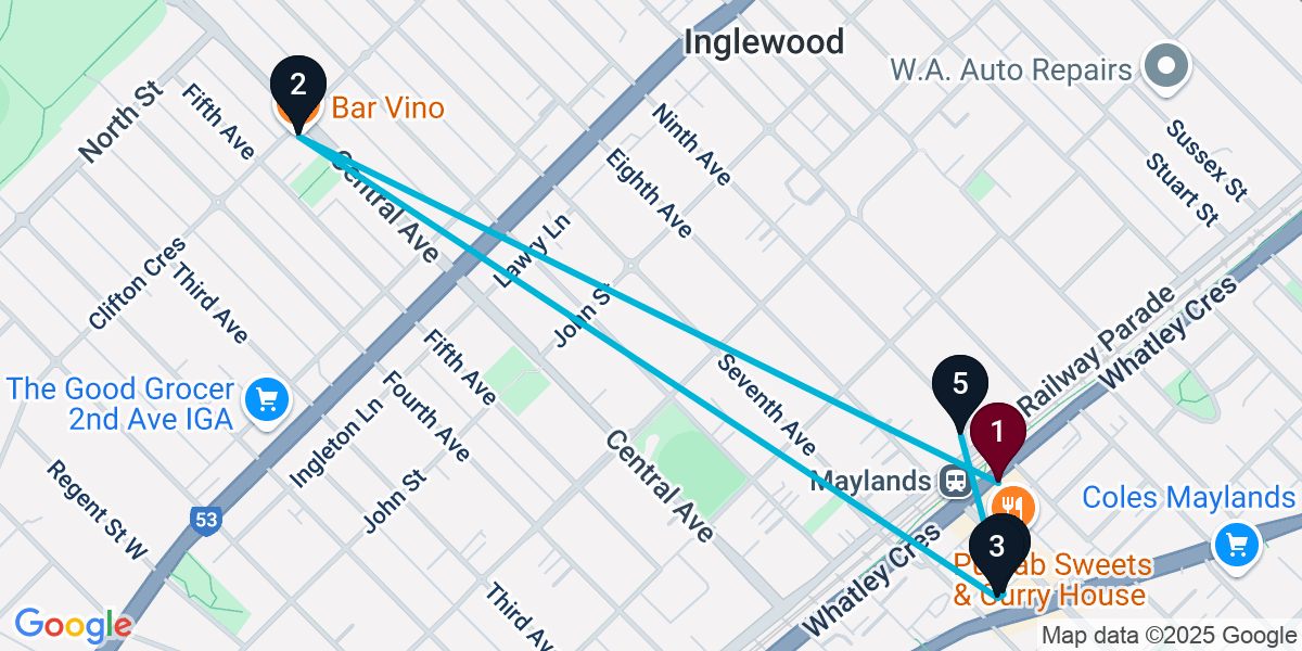 Map for 5-Stop Maylands Bar Crawl