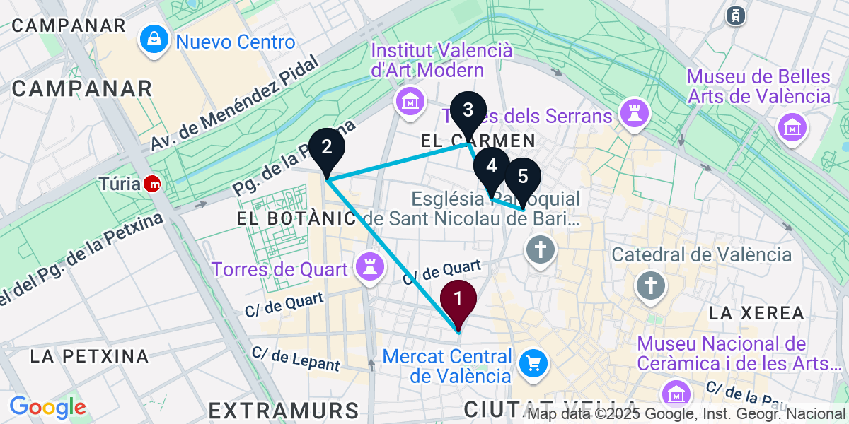 Map for 5-Stop Elite València Bar Crawl