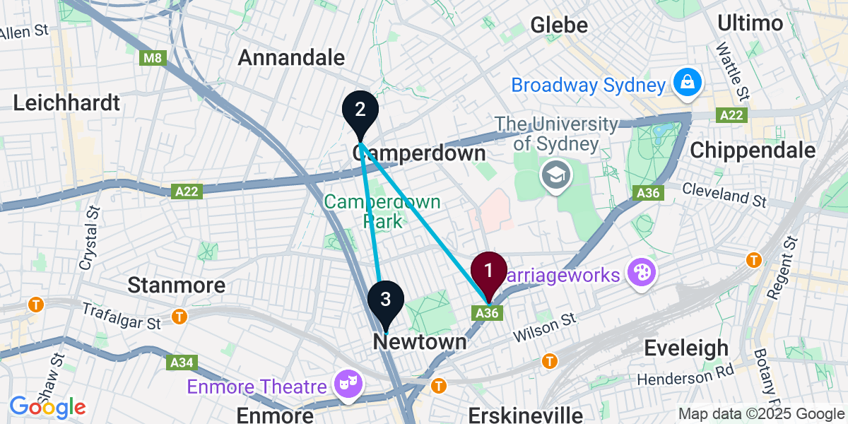 Map for 3-Stop Newtown Speakeasy Bar Crawl
