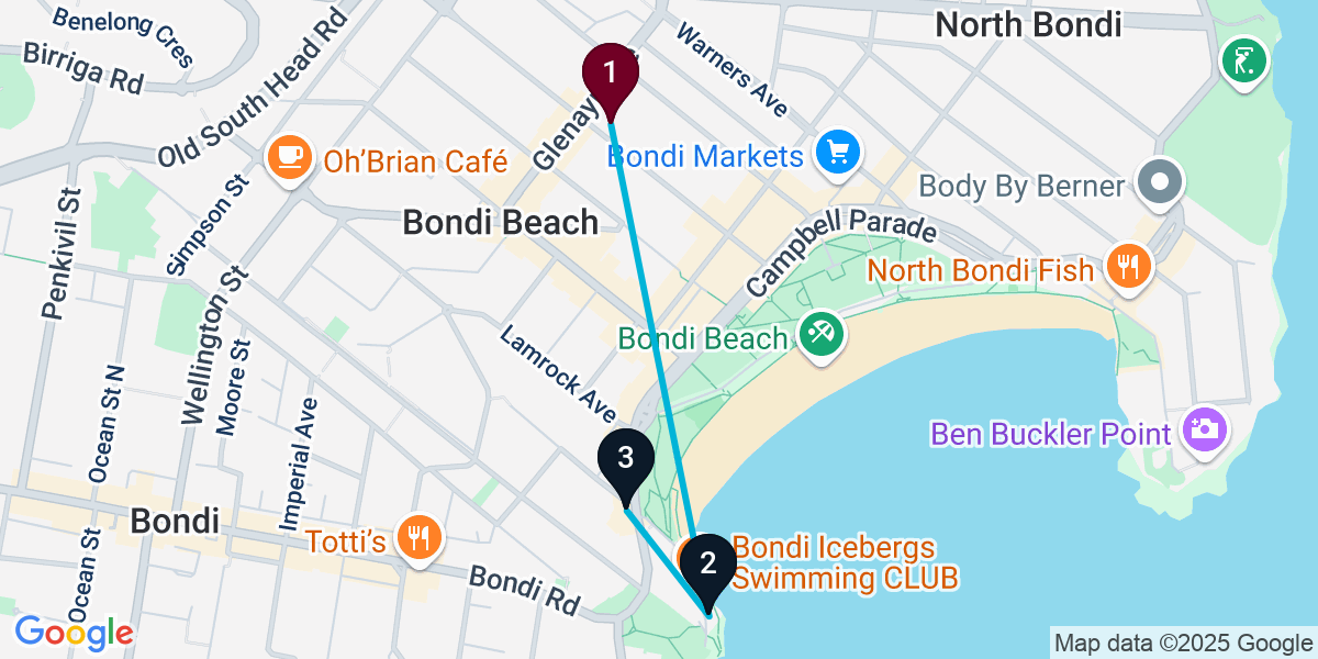 Map for 3-Stop Bondi Beach Rooftop Bar Crawl