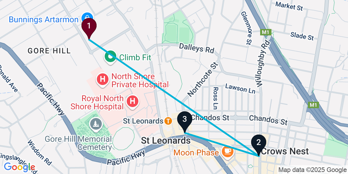 Map for 3-Stop Artarmon Cocktail Bar Crawl