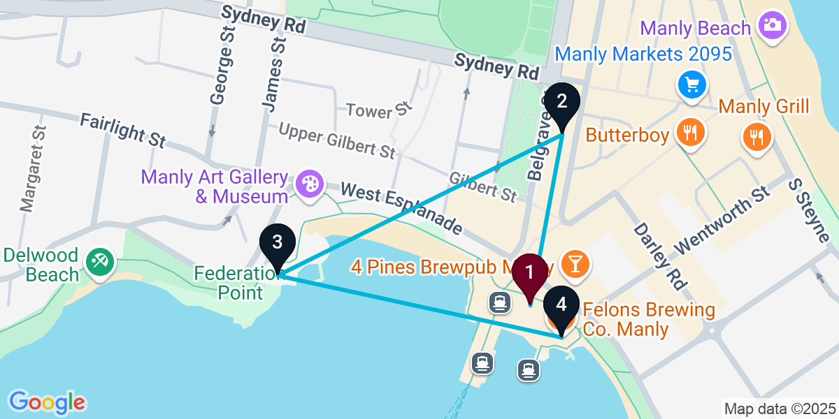 Map for 4-Stop Manly Nightclub Bar Crawl