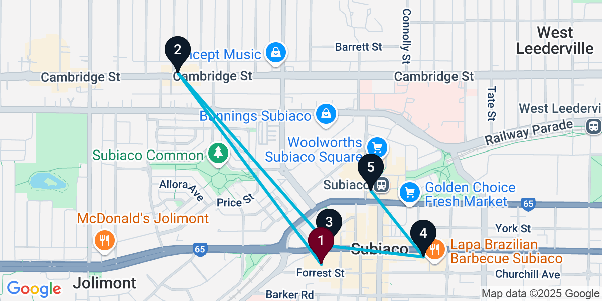 Map for 5-Stop Subiaco Cocktail Bar Crawl