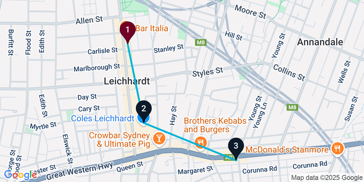 Map for 3-Stop Leichhardt Wine bar Bar Crawl