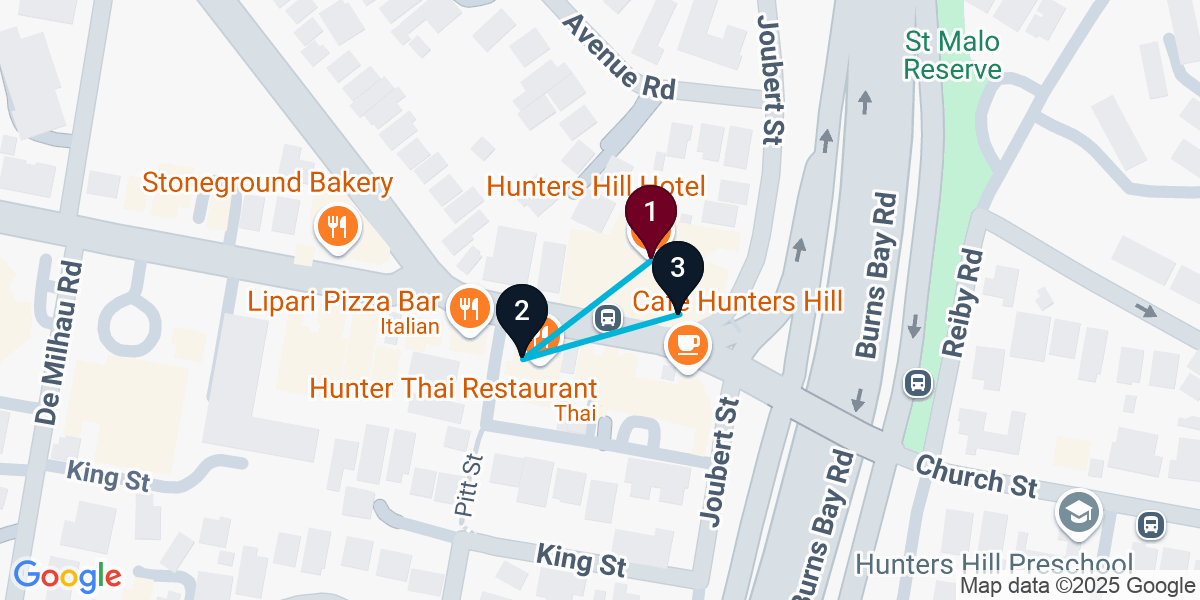 Map for 3-Stop Hunters Hill Bar Crawl