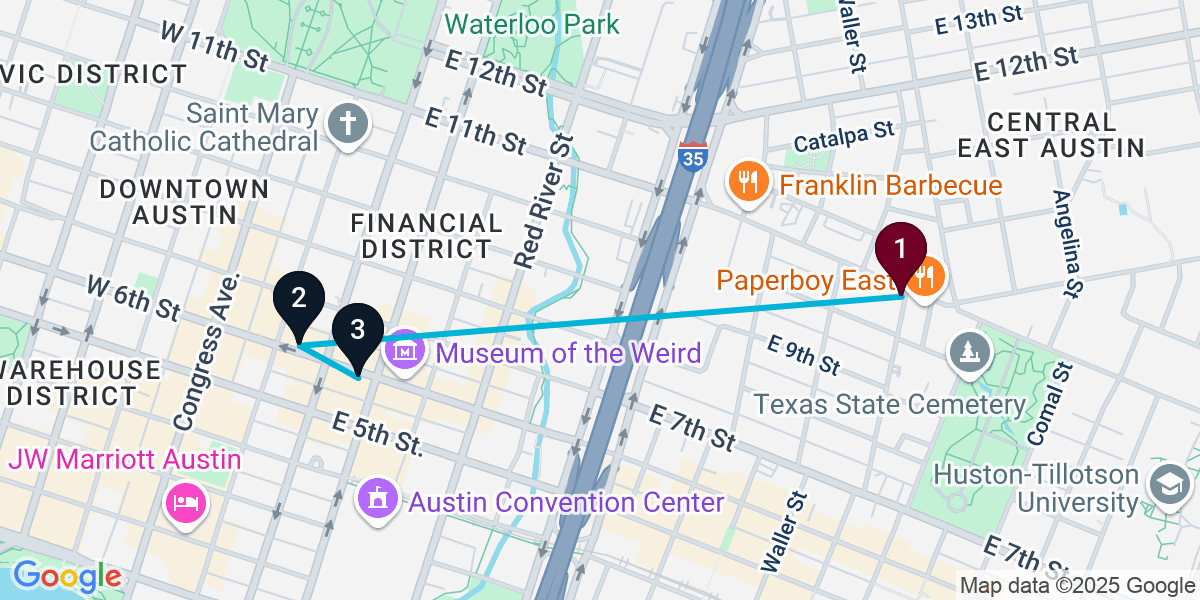 Map for 3-Stop Austin Live music Bar Crawl