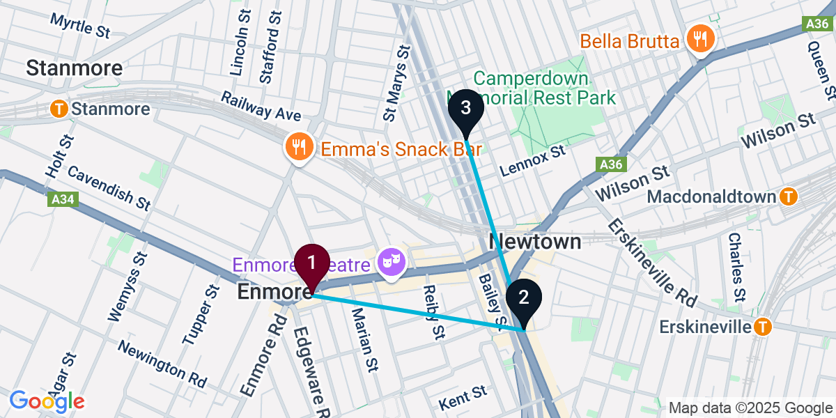 Map for 3-Stop Enmore Speakeasy Bar Crawl