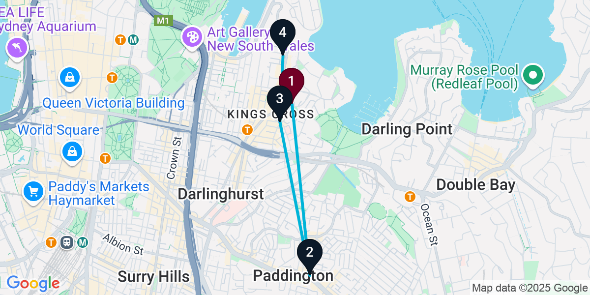 Map for 4-Stop Elizabeth Bay Cocktail Bar Crawl