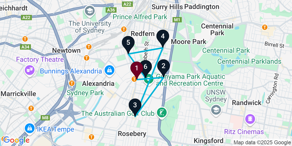 Map for 6-Stop Zetland Wine bar Bar Crawl