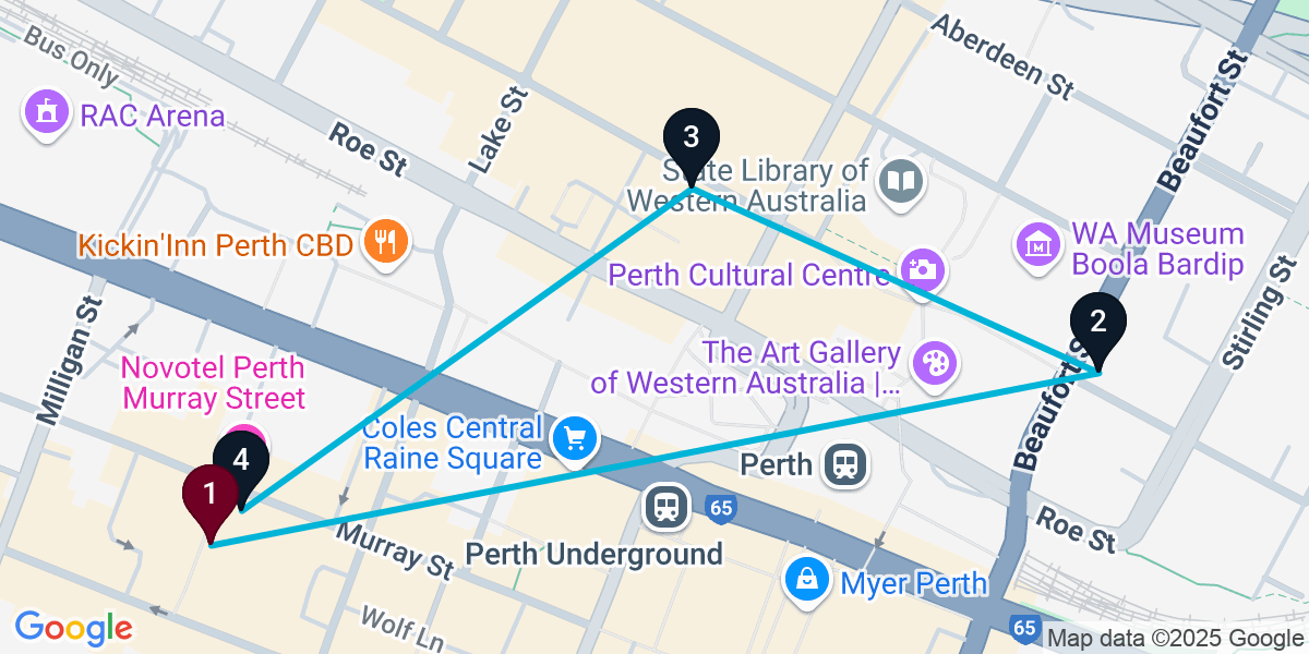 Map for 4-Stop Perth Nightclub Bar Crawl