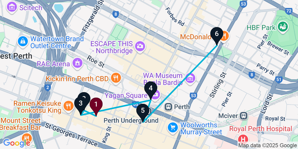 Map for 6-Stop Perth Bar Crawl
