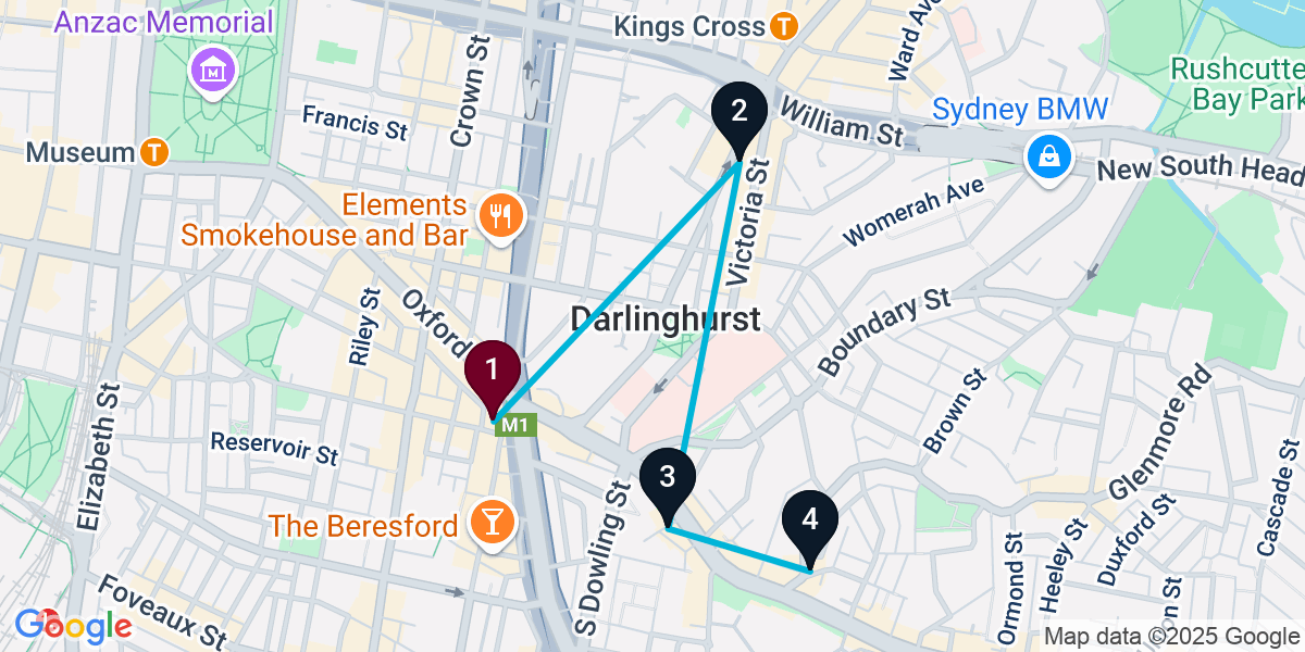 Map for 4-Stop Darlinghurst Wine bar Bar Crawl