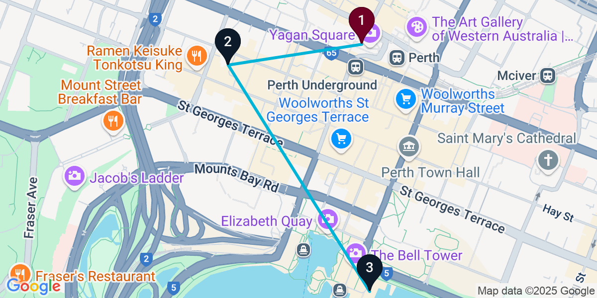 Map for 3-Stop Perth Rooftop Bar Crawl