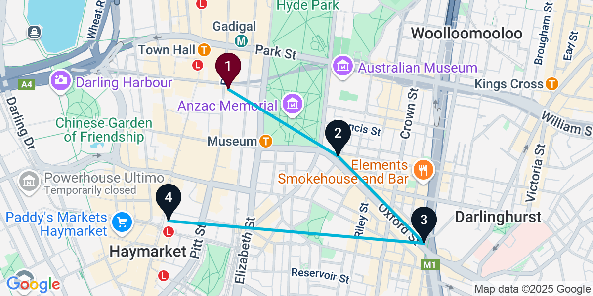 Map for 4-Stop Sydney Nightclub Bar Crawl