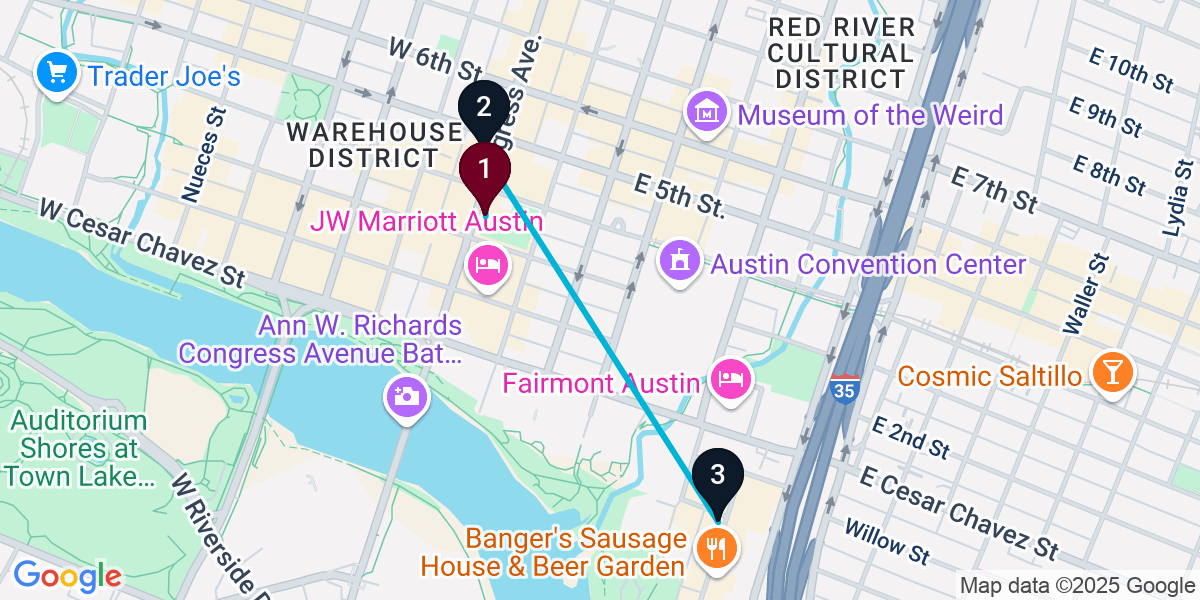 Map for 3-Stop Austin Rooftop Bar Crawl
