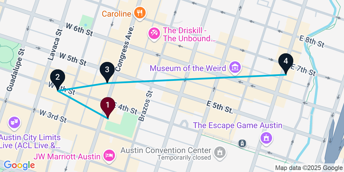 Map for 4-Stop Austin Nightclub Bar Crawl