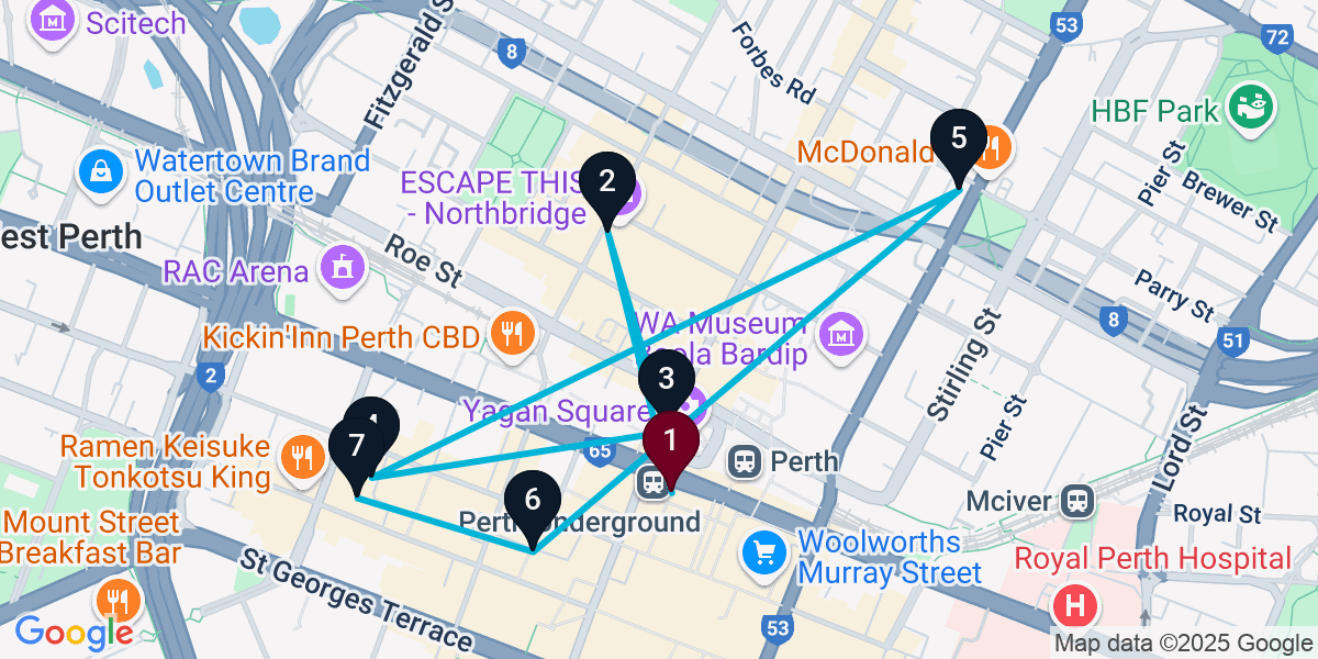 Map for 7-Stop Perth Cocktail Bar Crawl