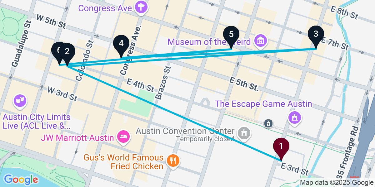 Map for 6-Stop Austin Nightclub Bar Crawl